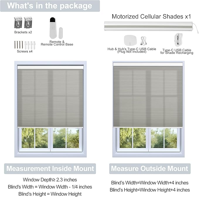 BERISSA Motorized Cellular Shades, Light Filtering Smart Honeycomb Blinds with Remote Control & Hub, Custom Room Darkening Automatic Cellular Window Blinds for Home Office, Living Room, Door,Gray