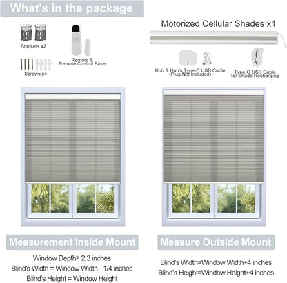 BERISSA Motorized Cellular Shades, Light Filtering Smart Honeycomb Blinds with Remote Control & Hub, Custom Room Darkening Automatic Cellular Window Blinds for Home Office, Living Room, Door,Gray