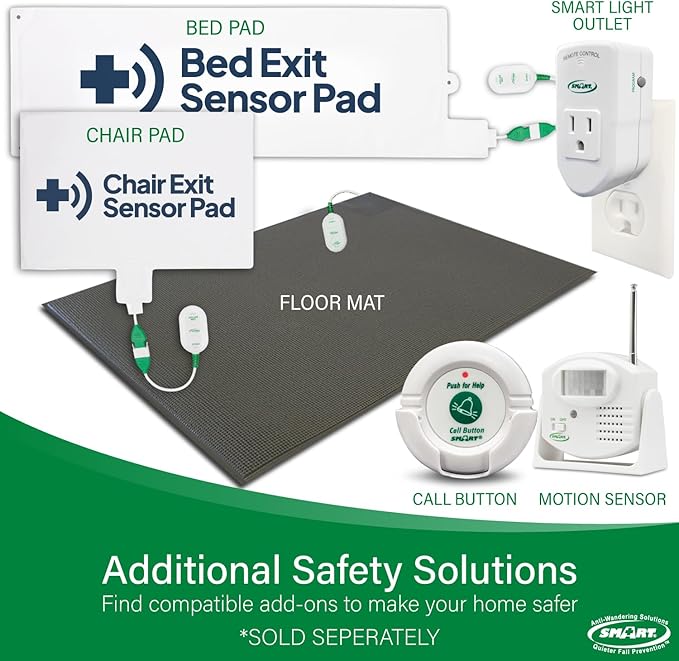 Smart Caregiver Wireless Chair Exit Alarm with Weight Sensing Pad - Automatically alerts caregiver when they get up to prevent falls | 10"x15" Pressure Sensor and Cordless Chair Alarm up to 300' Range
