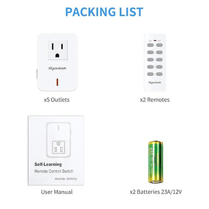Syantek Remote Control Outlet Wireless Light Switch for Household Appliances, Expandable Remote Light Switch Kit, Up to 100 ft Range, White (5 Outlets + 2 Remotes)