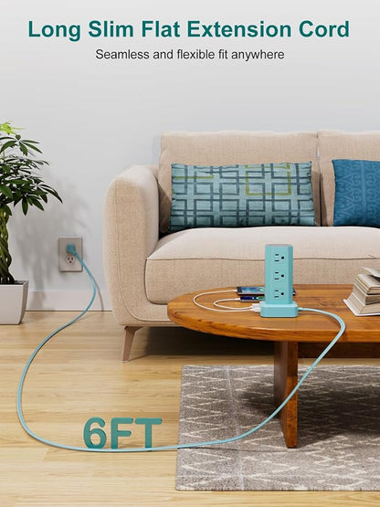 Power Strip Tower Surge Protector, 6FT Flat Plug Extension Cord with Multiple Outlets, 12 AC Outlets 4 USB (2 USB C), Desktop Charging Station with Surge Protection for Home Office Dorm Room, Mint