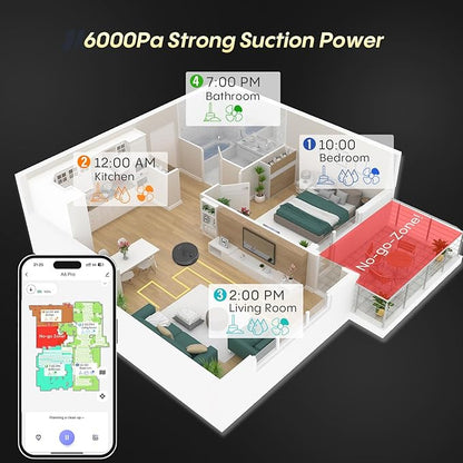 Robot Vacuum and Mop Combo, 90 Days Self-Emptying, 6000Pa Powerful Suction, Home Mapping, Easy Custom Robotic Vacuum for Pet Hair, Dust, Carpet, WiFi/Alexa