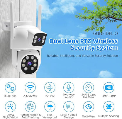 Dual-Lens Wireless Security Camera Outdoor, 2K HD 6MP View, Indoor WiFi Connection, Smart Night Vision, Ai Motion Detection and Tracking, Light and Siren Alarm, 64G SD Card (Included)
