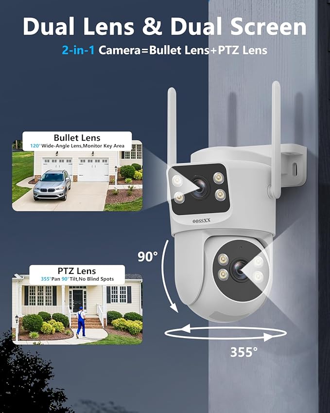 OOSSXX 2K Dual Lens PT Wireless Security Camera System, 2 Cameras in 1, 130° Wide Angle, Long Range WiFi +76%, PIR Human Detection, 2-Way Audio, 16CH NVR, No Monthly Fee