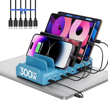 300W Charging Station for Multiple Devices, 8 Port Multi USB C Fast Charger Station Dock for MacBook iPhone 16/15/14/13/12 Samsung Pixel Series iPad, Blue (6 Mixed Short Cables Included)