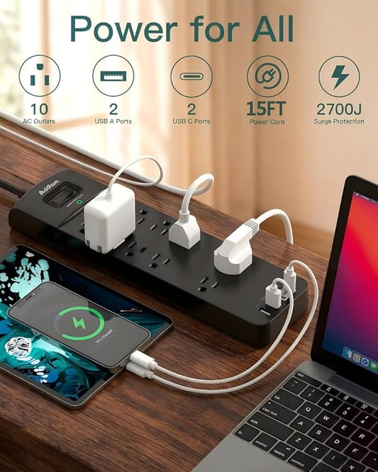 Addtam Power Strips with Surge Protection, 15FT Long Extension Cord with Multiple Outlets, Surge Protector Power Strip with 10 Outlets and 4 USB Ports(2 USB C), Flat Plug, 2700J, Black