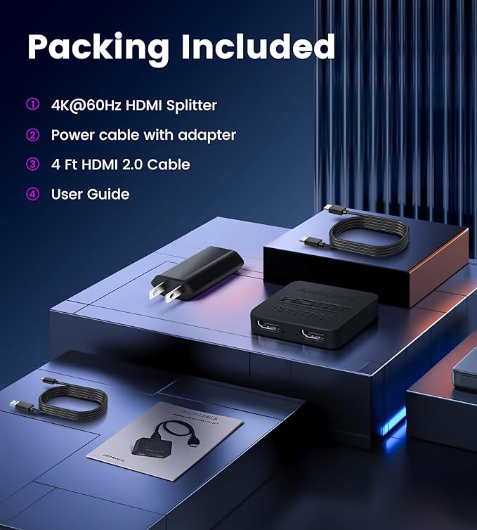 avedio links HDMI Splitter 4K@60Hz, HDMI Splitter 1 in 2 Out-Not Extended Display(Only Mirror Screens), Support 3D Dol-by Vision Atmos HDMI2.0b, HDCP2.2, 18.5Gbps, Auto Downscaling, Full HD 1080P