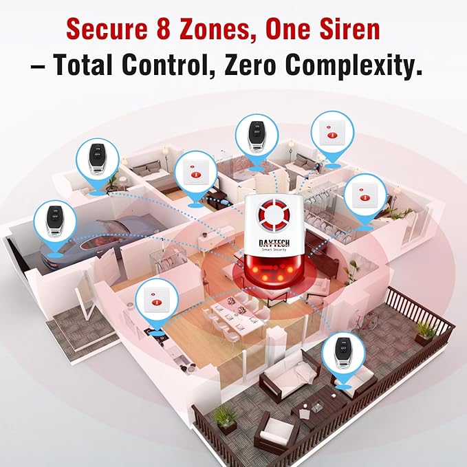 Daytech Wireless Emergency Alarm System-120dB Strobe Siren with Panic Buttons, 500ft Range, Waterproof Security Kit for Business/Home/Hotel/School (1 Red Siren+2 Buttons)