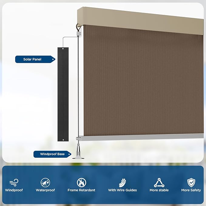 Motorized Outdoor Solar Shades, Custom Patio & Porch Blinds with Remote, Smart Exterior Shades Compatible with Apple HomeKit, Alexa & Google Home (5% Openness Coffee)