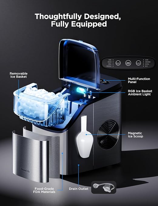 GoveeLife Smart Ice Maker, 9 Ice Cubes in 6 Mins 3 Sizes, 26lbs/Day, Silver | Countertop Ice Maker with App & Voice Control, Self Cleaning, RGB Lights, Portable Ice Machine with Scoop for Kitchen, Party