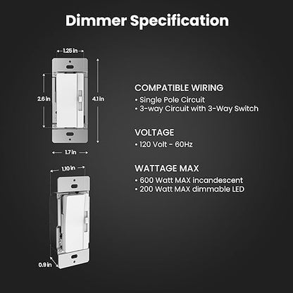 Feit Electric Paddle Dimmer Switch for Dimmable LED Light Bulbs, Single Pole or 3-Way Toggle Light Switch, Overheat Protection, Wall Plates & Installation Hardware Included, 2 Pack