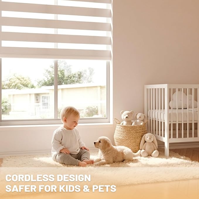 Motorized Zebra Blinds Smart Blinds with Remote Electric Shades for Indoor Windows Light Filtering Automatic Dual Layer Horizontal Shades Compatible with Google Alexa White 35" W X 72" H