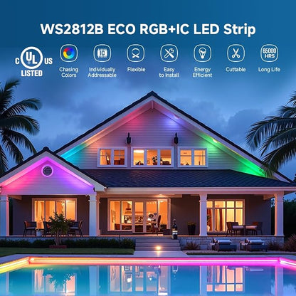 BTF-LIGHTING WS2812B ECO RGB LED Strip,UL Listed,Individually Addressable,16.4FT 30LED/m 150Pixel DC5V 5050SMD,Alloy Wire Flexible 3M Tape for DIY Chasing Color Project IP65(No Adapter or Controller)