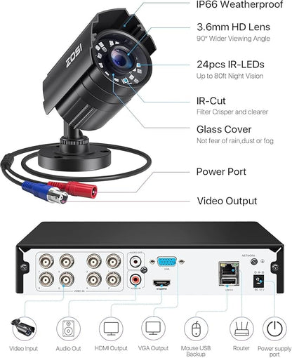 ZOSI 5MP Lite Home Security Camera System,8CH H.265+ CCTV DVR,8pcs 1080P 1920TVL Weatherproof Surveillance Cameras,80ft Night Vision,Motion Alert,Remote Access for 24/7 Recording.