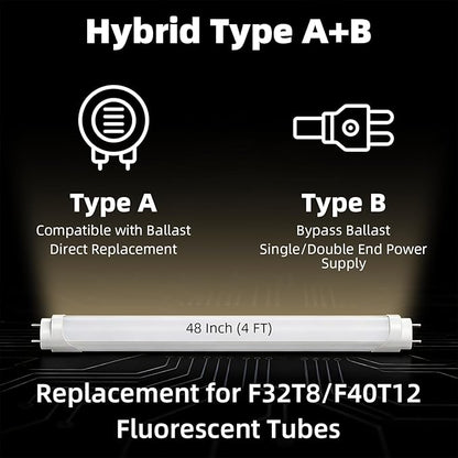 CYLYT Fluorescent Light Bulbs 48 inch, T8 LED Bulb 4 Foot Type A+B Replacement for F32T8 or F40T12 Tube, 26W 3400LM 3000K Warm White, Double or Single End Powered, 4-Pack