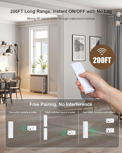Wireless Remote Control Outlet, 200FT Long Range Remote Light Switch, Mini Remote Outlet Plug, 15A/1875W High-Power for Lamps, Lights, Household Appliances, FCC & ETL Listed (5 Outlets + 2 Remotes)