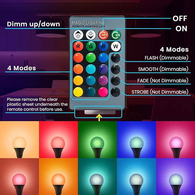 RGB Color Changing Light Bulbs with Remote(2-Pack), 9W 6500K White LED Light Bulbs, A19 E26 40W Equivalent, Colored Light Bulbs, 16 Color Dimmable Multicolor Light Bulb with Memory, for Home, Party
