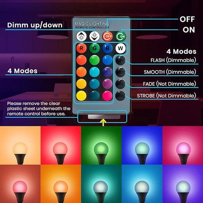 RGB Color Changing Light Bulbs with Remote(2-Pack), 9W 6500K White LED Light Bulbs, A19 E26 40W Equivalent, Colored Light Bulbs, 16 Color Dimmable Multicolor Light Bulb with Memory, for Home, Party