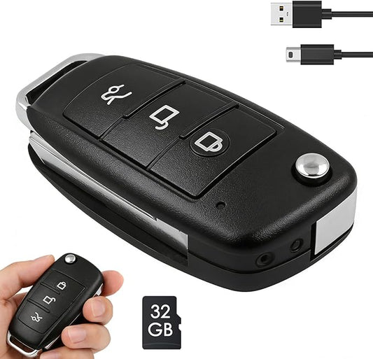 Hidden Camera No WiFi Needed 1080P FHD Portable Spy Nanny Cam with 32GB SD Card Key Fob Camera Night Vision Car Key Cameras No Audio