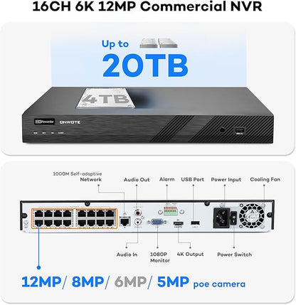 ONWOTE 16 Channel 6K 12MP NVR PoE Security Camera System, 12x 6MP 122° Audio IP Cameras AI Detect Human Vehicle, 16CH Business Commercial NVR 4TB, 16CH Synchro Playback, 12x Cables (Total 960ft)