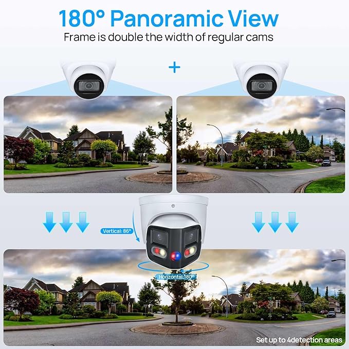 VIKYLIN Security Camera Outdoor 4K Full-Color 2×4MP Dual-Lens 1/1.8" CMOS Smart Splicing IP POE Camera Outputs 180° Wide Angle, Two-Way Talk,Active Detterence,SMD4.0,IVS,EPTZ,DMSS/SmartPss Lite