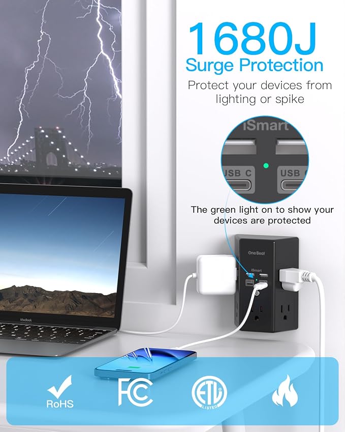 One Beat Surge Protector Wall Outlet Extender, 5 Outlets & 4 USB Ports (20W USB-C PD), 1680J, 3-Sided Multi Plug Outlet Adapter, Outlet Splitter, Wall Mount, ETL Listed for Home Office Travel-Black