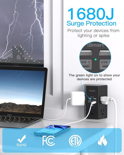 One Beat Surge Protector Wall Outlet Extender, 5 Outlets & 4 USB Ports (20W USB-C PD), 1680J, 3-Sided Multi Plug Outlet Adapter, Outlet Splitter, Wall Mount, ETL Listed for Home Office Travel-Black