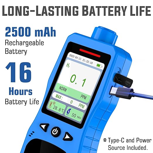 Hydrogen Gas Detector 0-1000 PPM, 0.1 PPM High Accuracy H2 Monitor with 3 Types Alarm, Rechargeable Hydrogen Meter, Portable H2 Air Quality Meters with Temperature Humidity Tester