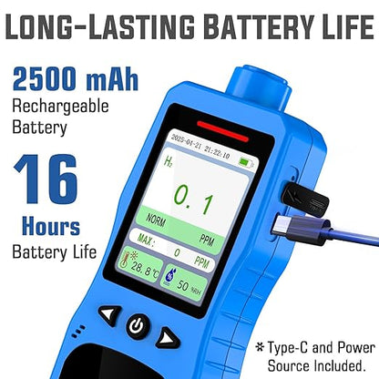 Hydrogen Gas Detector 0-1000 PPM, 0.1 PPM High Accuracy H2 Monitor with 3 Types Alarm, Rechargeable Hydrogen Meter, Portable H2 Air Quality Meters with Temperature Humidity Tester