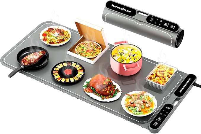 Electric Warming Tray&Food Warming MatFast Full Surface Electric Warming Tray with 7 Temp-Settings & 8H Timer, Portable Roll Up Food Warmer for Gatherings Parties Buffet -Oversized(Grey, 32''X15'')
