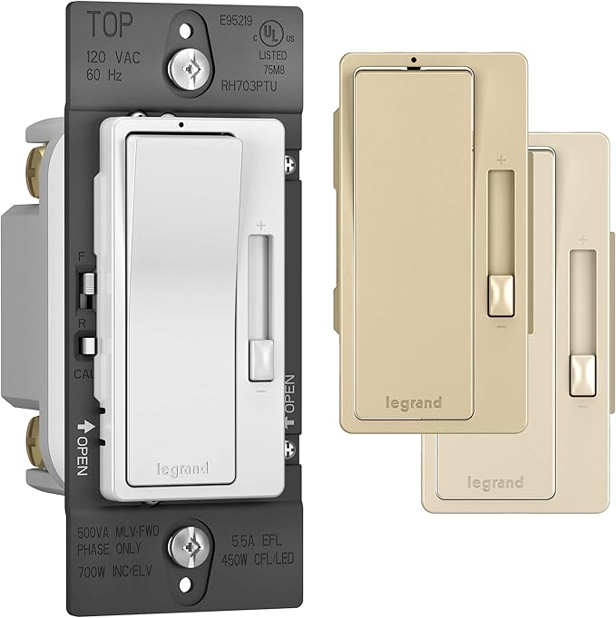 Legrand Radiant RH703PTUTC 700W Tru-Universal Preset Decorator Rocker Dimmer Light Switch with Locator Light for All Light Loads (Except 0-10V), Single Pole/3-Way, White/Light Almond/Ivory (1 Count)