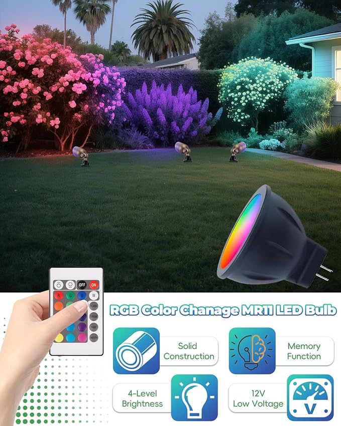 RGB MR11 LED Bulb Color Changing 12V, GU4 LED Bulb, 3W MR11 Colored Bulbs, 2700K Plus Multicolor and Dimmable on Remote Control for Low Voltage Landscape Yard Light and Indoor Spotlight