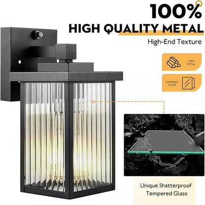 2 Pack Dusk to Dawn Outdoor Lighting, Modern Wall Sconce with Textured Glass, Waterproof IP65 Exterior Light Fixture, Soft Glow Warm Ambiance for Front Door Porch Garage, 10.6 Inch Height, Black