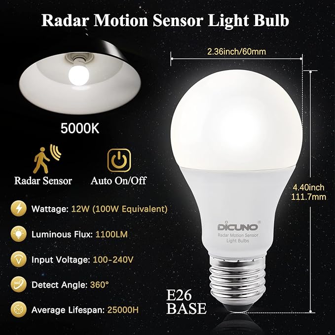 DiCUNO Radar Motion Sensor Light Bulbs Outdoor, 12W (100W Equivalent), Motion Sensor Bulb Auto On/Off, Daylight White 5000K, 1100 LM, A19 E26 Indoor/Outdoor Lighting for Front Porch Garage, 2-Pack