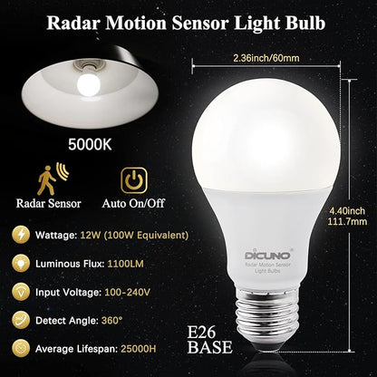 DiCUNO Radar Motion Sensor Light Bulbs Outdoor, 12W (100W Equivalent), Motion Sensor Bulb Auto On/Off, Daylight White 5000K, 1100 LM, A19 E26 Indoor/Outdoor Lighting for Front Porch Garage, 2-Pack