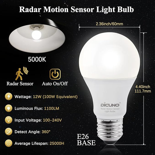 DiCUNO Radar Motion Sensor Light Bulbs Outdoor, 12W (100W Equivalent), Motion Sensor Bulb Auto On/Off, Daylight White 5000K, 1100 LM, A19 E26 Indoor/Outdoor Lighting for Front Porch Garage, 2-Pack