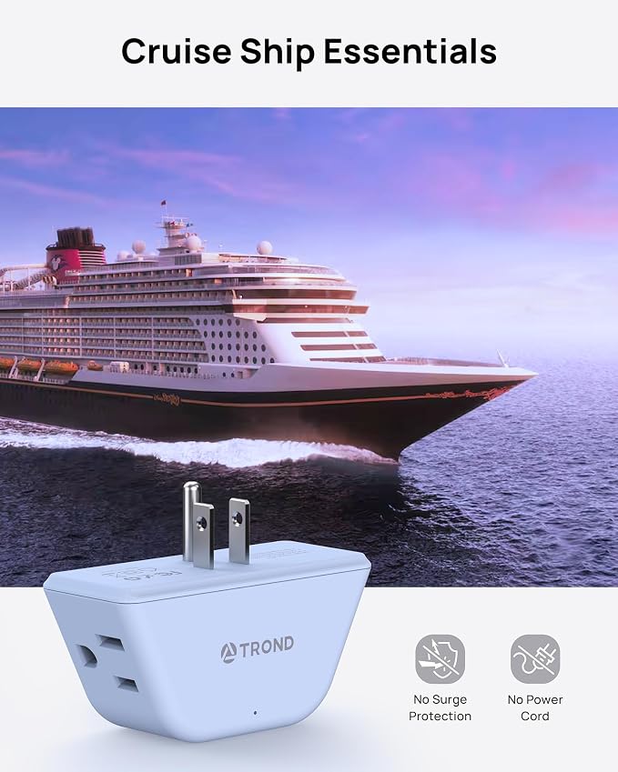 TROND Outlet Extender, 3 Way Angled Wall Plug Splitter, Blue | 3-Prong Grounded Outlet Adapter, Cruise Essentials, Compact and Practical Plug Expander for Home Decoration Travel Essentials