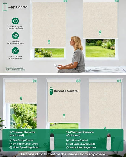 Allesin Motorized Blinds with Remote Smart Blackout Roller Shades | All-in-One & Ultra-Quiet Automatic Electric Power Blinds for Home Office, Sand-Linen 32x72