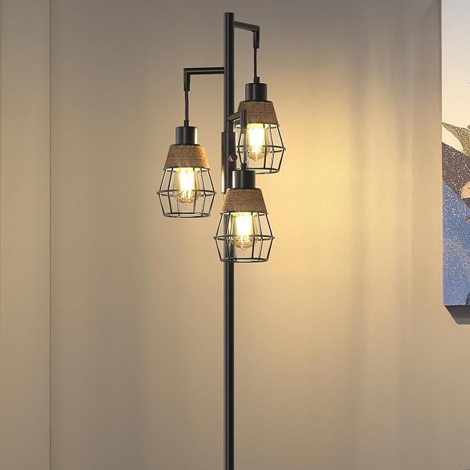 Oneach 70" Floor Lamps for Living Room, Stepless Dimmable Boho Floor Lamp with 3 Bulbs, Tall Farmhouse Industrial Corner Standing Tree Lamp for Bedroom, Office, Study Room, Dining Room, Black
