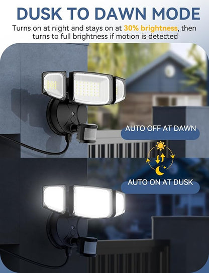 Olafus 50W Motion Sensor Outdoor Light Plug in, Motion Flood Light Dusk to Dawn, 5000LM LED Security Light IP65 Waterproof, Motion Activated 6500K PIR Sensor Lighting for Garage Yard Patio Eave, Black
