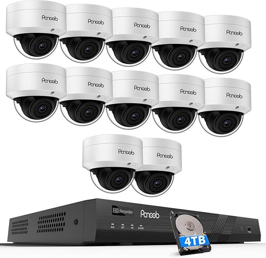 16 Channel Security Camera System Outdoor, 4K 16CH NVR 4TB HDD for 24-7 Recording, 12x 5MP Wired IK-10 Vandal Dome PoE Camera Built-in Mic, AI Human Detection, Remote Access, PD54A1216-5M2-1