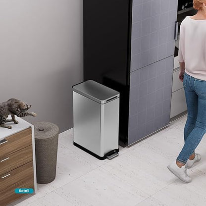 Home Zone Living 12 Gallon Slim Kitchen Trash Can with Soft Close Lid, Step Pedal, Bag Tuck Band, and Removable Liner, Stainless Steel, Silver