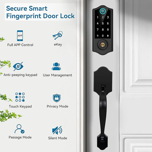 Harfo Fingerprint Smart Door Lock for Front Door with Handle Set, App Control, Keyless Entry Keyless Deadbolt, Digital Electronic Touchscreen Keypad, Auto Lock, Easy to Install, Black