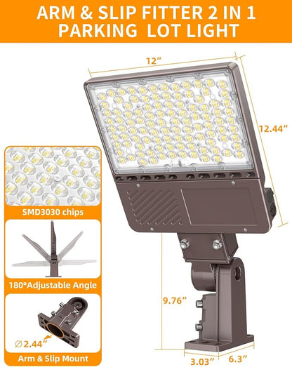 LED Parking Lot Light 200W 160W 120W Adjustable, 30000LM LED Shoebox Light with Photocell ETL Listed Flood Lights Arm & Slip Fit Mount 5000K IP65 Commercial Security Area Light, AC277-480V
