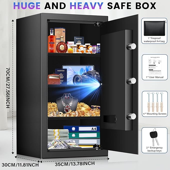 [27.57''] Tall Safe Box, Home Safe with Fireproof Waterproof Bag, 6.2 Cuft Anti-Theft Digital Security Lock Box with Smart Alert System, Removable Shelf, Mute Function, Document Safes for Jewelry