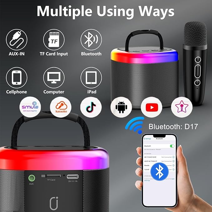 HWWR Mini Karaoke Machine for Kids: Portable Bluetooth Speaker with Wireless Microphone for Kids & Adults - Ideal Christmas Easter Birthday Gift Music Toys for Girls Boys Aged 4 5 6 7 8 9 10 11 12+