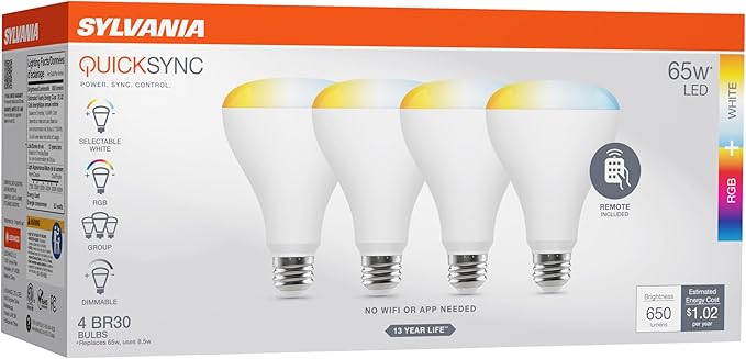 Sylvania QuickSync RGBW/Selectable White BR30 LED Light Bulb with Remote Control, No App/WiFi Required, 8.5W = 65W, Dimmable, 90 CRI, Medium Base, Frosted Finish - 4 Pack (45049)