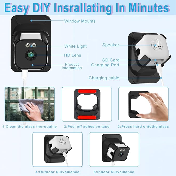 2K Window Security Camera (2-Pack), 3MP Dual-Band WiFi Indoor Home Camera, Color Night Vision, Human Detection, No Drilling