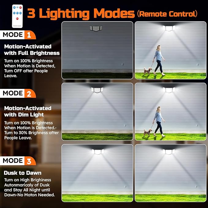 CLAONER LED Security Motion Sensor Outdoor Lights, 6500K Remote Control Floodlights, Dusk to Dawn 20W 3000LM Waterproof 3 Heads Hardwired Flood Light for Driveway, Garage, Porch (1 Pack)