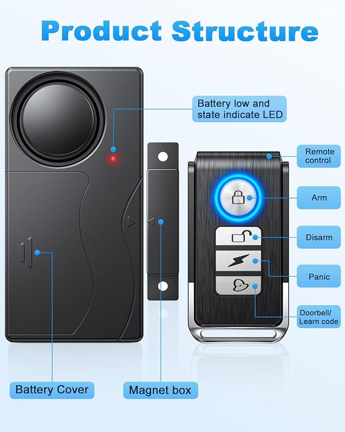 Wireless Door Alarm, 110dB Loud Door Chimes When Door Opens - Door Sensor Alarm with Remote, Battery Operated, for Home Security, Kids Safety, Dementia, Windows(2 Pack)